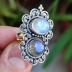 Labradorite and Rainbow Moonstone Ring 925 Sterling Silver Handmade Boho <b>Statement</b> Promise Jewelry for Women Natural Stone - Product Image 3