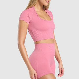 T-shirt court moulant à manches courtes pour femme, en Spandex/Polyester haute élasticité, côtelé, collection 2026, le plus vendu - Product Image 3