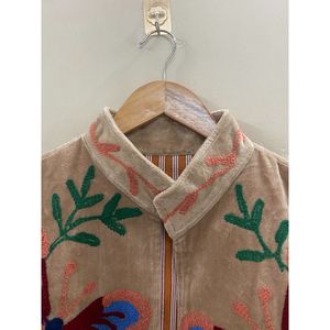 Hand Embroidered Velvet Knitted Cotton <b>Jacket</b> Women <b>Mandarin</b> <b>Collar</b> Full Sleeve Floral Pattern Open Front Prairie Winter/Spring - Product Image 2