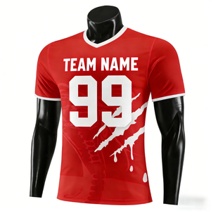 Maillot de football personnalisé pour homme, col en V, rouge et blanc, impression sublimée, numéro 99, polyester respirant, manches courtes, coupe classique - Product Image 1