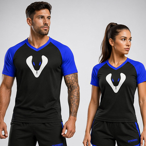 T-shirt unisexe col en V à manches raglan, imprimé par sublimation, séchage rapide, coupe sportive, motif noir et bleu, 100 % coton, coupe classique - Product Image 6
