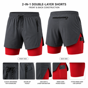 Short de sport deux-en-un pour homme avec doublure intérieure respirante et poche zippée, rouge et gris - Product Image 3