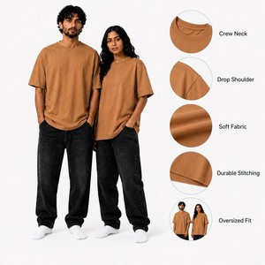 Camiseta Unisex Extra Grande de Algodón Color Camel Marrón con Hombros Caídos, Cuello Redondo, Mangas Cortas y Corte Holgado para Ropa Casual de Calle - Product Image 6