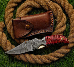 UA Supplies Industrial Grade Hand Forged Damascus Steel Clip Point Liner <b>Lock</b> Folding Pocket <b>Knife</b> Sculpted Wooden Handle - Product Image 1