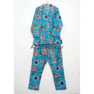 Ensemble de pyjama pour femmes en coton 100% fait main, luxueux, vintage, romantique, classique, floral, 2 pièces, taille élastique, manches longues, doux et lisse - Product Image 1