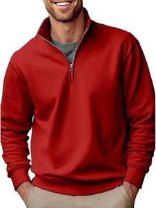 Sweat-shirt d'hiver pour homme en molleton 100% coton rouge imperméable à col roulé et quart de zip, coupe ajustée, long - Écologique, respirant, 350g - Product Image 3
