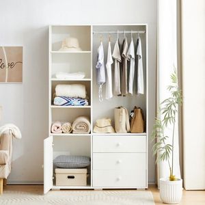 Armadio Bianco per Camera da Letto con Asta Appendiabiti, Cassetti e Ripiani, Elegante Guardaroba con Maniglie per Uso Domestico - Product Image 3