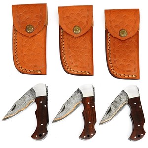 ชุดมีดพับเหล็กดามัสกัสทองแดง 3 ชิ้น ด้ามไม้พะยูง ปลอกหนัง ตีขึ้นรูปตามสั่ง CuMai มีดพกพา EDC สำหรับล่าสัตว์ - Product Image 6