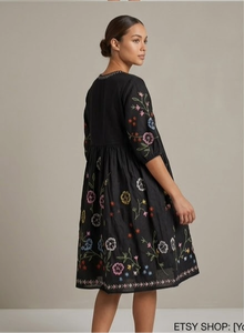 Black Floral Embroidered V-Neck Midi Dress <b>Three</b> Quarter Sleeve Boho Loose Fit Cotton Woven Summer Casual Dress - Product Image 5