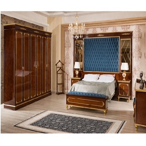 Juego de Muebles de Dormitorio King Size Contemporáneo, Estilo Barroco, Tallado en Oro, Diseño Personalizado, Cama de Madera de Teca Duradera, Desmontable - Product Image 1