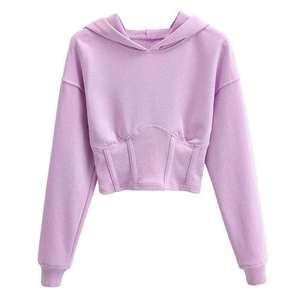 Sweat-shirt à capuche court pour femme, couleur unie, manches longues, décontracté, respirant, en coton tricoté et fibre de bambou, idéal pour l'automne - Product Image 2
