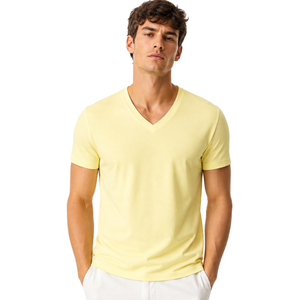 Camiseta de hombre de color amarillo pastel de primera calidad, personalizada, de tela jersey suave, corte ajustado, cuello en V y manga corta. - Product Image 1