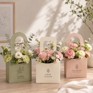 ถุงดอกไม้ Bloom With Love แบบกระดาษไอวอรี่ ฐานสี่เหลี่ยม หูหิ้วไดคัท ปั๊มร้อน ลายคลาสสิก สำหรับบรรจุภัณฑ์ของขวัญและงานฝีมือ - Product Image 4