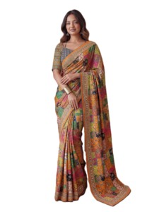 Sari Tradicional Indio con Estampado Digital Ajrak y Blusa con Espejos, para Mujer, Ideal para Bodas y Fiestas, Largo hasta el Suelo, Corte Regular, Elegante - Product Image 1