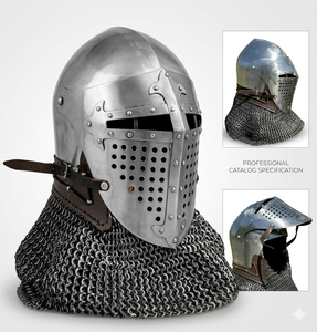 Medieval Antique Knight Helmet with Chainmail Mild Steel Handcrafted Armor Adjustable Leather Strap Historical Reenactment - Product Image 2
