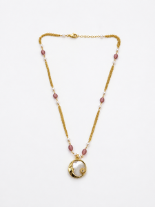 Collar con colgante personalizado chapado en rodio, colgante ovalado de perla de nácar con luna celestial, cadena con cuentas de piedras preciosas rosas para mujer - Product Image 2