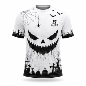 T-shirt personnalisé d'Halloween en gros pour homme, noir et blanc, avec motif citrouille imprimé, manches courtes, décontracté, style streetwear, pour fête - Product Image 1