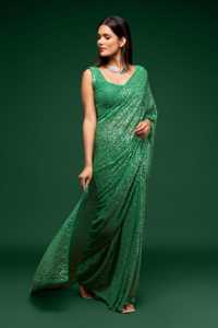 Sari indio de lentejuelas verde brillante de alta calidad con blusa, diseño para bodas y fiestas, venta al por mayor, ropa personalizada a granel - Product Image 2