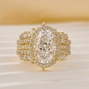 925 <b>Silver</b> Moissanite Enhancer Halo Oval Cut Wedding <b>Ring</b> <b>Set</b> With Two V-shaped Design Half Eternity Wedding Bands for Women's - Product Image 1