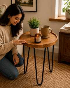 Table d'appoint ronde en bois de manguier de qualité supérieure avec bord surélevé et pieds en métal pour une décoration intérieure contemporaine - Product Image 4