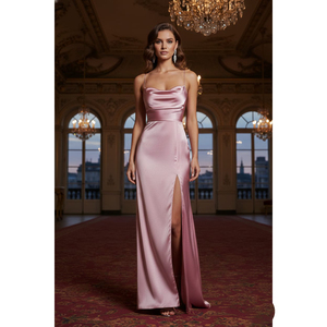 Elegante vestido de noche formal de satén, corte ajustado que realza la figura, estilo columna, largo hasta el suelo con un pronunciado abertura frontal. - Product Image 1