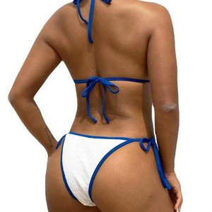Women's White <b>Blue</b> Contrast Triangle <b>Bra</b> Tie Side 2-Piece Bikini Set Spandex/Polyester Knitted Stretch Breathable Sexy Swimwear - Product Image 2