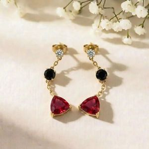 Pendientes de rubí talla trillón hechos a mano con gota de obsidiana negra y acento de circonita cúbica brillante, elegantes piedras preciosas de plata de ley 925 - Product Image 4