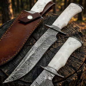 Couteau Bowie à pointe clip en acier Damas de qualité industrielle, marque SIZZCO, fabriqué à la main, garantie 3 ans, manche en résine nacrée, cadeau idéal - Product Image 1