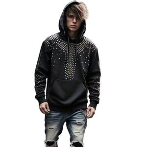 Custom Heavyweight hoodies hombres Logo Vintage Rhinestone Hoodies Hombres Acid Wash Oversized Boxy Cropped Street Wear sudaderas con capucha de los hombres - Product Image 1