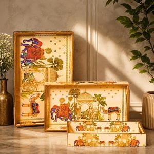 Handmade Bohemian Wooden Enamel Lightweight Decorative <b>Tray</b> Set Rectangular Serving Platter Animal Print Dining Table Decor - Product Image 3