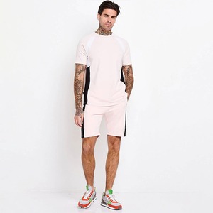 Ensemble T-shirt et short pour homme, rose clair, col rond, couleur unie, séchage rapide, sportif, décontracté, été, coupe classique, manches courtes - Product Image 2