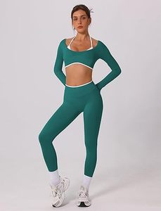Conjuntos Deportivos de 2 Piezas para Mujer, Top Corto Halter de Manga Larga con Paneles en Contraste y Leggings de Cintura Alta, Conjuntos Deportivos - Product Image 4