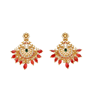 Red Bead Stud Earrings-Trendy Gold Plated Pearl & Diamond Flower Design - Product Image 2