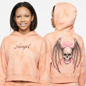 Peach Orange <b>Tie</b> Dye Hoodie 400GSM Women Cropped Fleece Pullover Angel Winged Skull Back Graphic Custom Streetwear Sweatshirt - Product Image 1