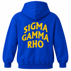 Sudadera con Capucha Azul Rey de Sigma Gamma Rho, con Letras Amarillas en el Pecho, Diseño Minimalista, Bolsillo Canguro, Ropa de Sororidad - Product Image 4