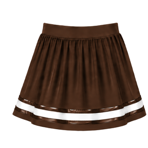 Jupe de cheerleading marron foncé plissée, jupe d'uniforme athlétique avec bordure rayée, tenue de performance d'équipe, vêtements de sport personnalisés - Product Image 1