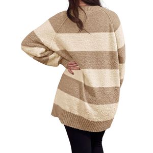 Pull en coton et polyester rayé à col rond, coupe ample, manches longues, tricoté, décontracté, pour femmes - Product Image 2