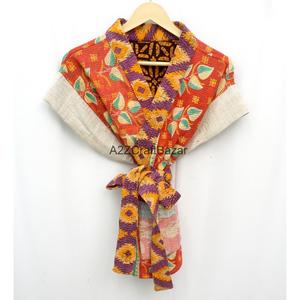 เสื้อคลุมกิโมโนงานฝีมือสไตล์วินเทจ ผ้าคันธา พร้อมเข็มขัด คอวี แขนสั้น ใส่ได้สองด้าน หลากสี สำหรับผู้หญิง - Product Image 1