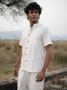 Premium <b>Men</b> Handwoven White Cotton Mandarin Band Collar Short Sleeve <b>Kurta</b> Shirt Eco-Friendly Breathable Summer Fashion - Product Image 1