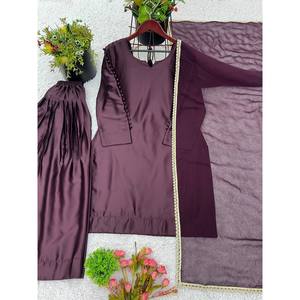 Conjunto de Fiesta de Satén ZSR Designer Coffee - Hermoso Top y Pantalón XL con Dupatta 100% Poliéster, Elegante y con Estilo - Product Image 1