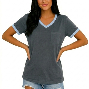 Women's Gray V-Neck Short Sleeve Fleece T-Shirt Pocket Casual Breathable Knitted <b>Top</b> Regular Fit Solid Color All Seasons Wear - Product Image 2