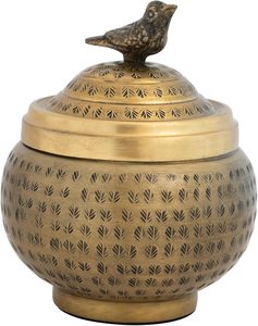 Conteneur rond en métal martelé avec finition en laiton et motif d'oiseau - Product Image 1