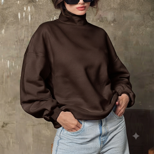 เสื้อสเวตเชิ้ตคอเต่าทรงโอเวอร์ไซส์สำหรับผู้หญิง สีพื้น ไหล่ตก แขนยาวถักนิตติ้ง แฟชั่นฤดูใบไม้ร่วง - Product Image 1