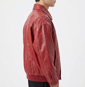 Chaqueta de Cuero PU Extra Grande para Hombre de Alta Calidad, Transpirable, con Costuras en Contraste, Corte Holgado, Cuello Camisero, Rojo Vintage - Product Image 3