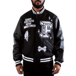 แจ็คเก็ตเบสบอลแบบวาร์ซิตี้สำหรับผู้ชาย สไตล์วินเทจ สีดำ สำหรับฤดูหนาว  แบบคอตั้ง  ปักโลโก้ด้านหน้า  ผ้าขนสัตว์  รับผลิตตามสั่ง (OEM) ขายส่ง - Product Image 2