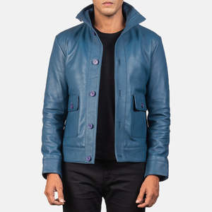 Veste en cuir véritable bleu pour homme de qualité supérieure, col montant, fermeture à boutons, style décontracté, coupe ajustée, longueur standard, idéale pour l'automne - Product Image 5
