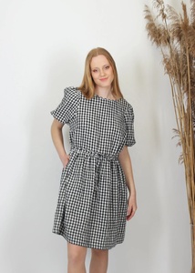 Nouvelle arrivée : robe smock en coton à carreaux avec manches bouffantes courtes, mi-longue, formelle, coupe A, pour femmes - Product Image 2