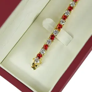 Pulsera de Moissanita Estilo Tenis, Plata de Ley 925, Bañada en Oro Amarillo, con Diamantes Redondos Rojos y Blancos, Joyería de Lujo para Mujer - Product Image 5