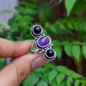 Amethyst & Black Onyx Gemstone <b>Ring</b> Handmade Boho Celestial Jewelry Natural Amethyst <b>Ring</b> <b>Statement</b> <b>Ring</b> - Product Image 4