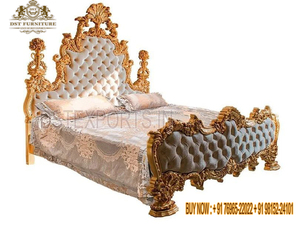 Traditional Teak Wood Handcrafted Maharaja <b>Bed</b> Luxury Solid Wood <b>Bed</b> With Nightstands Classic Golden Carved <b>Bed</b> With Side <b>Stools</b> - Product Image 4